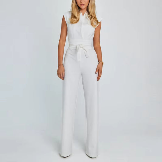 Business Casual V Neck Overall Jumpsuit Women Spring Solid Tie-Up Bow OL Outfit Romper Summer Sleeveless Straight Pants Playsuit